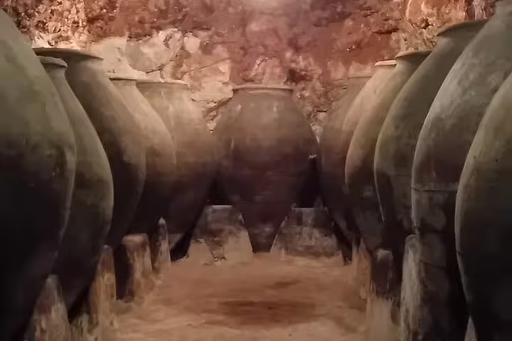 Discover large aging amphorae in a traditional Madrid winery on an exclusive wine tasting tour.