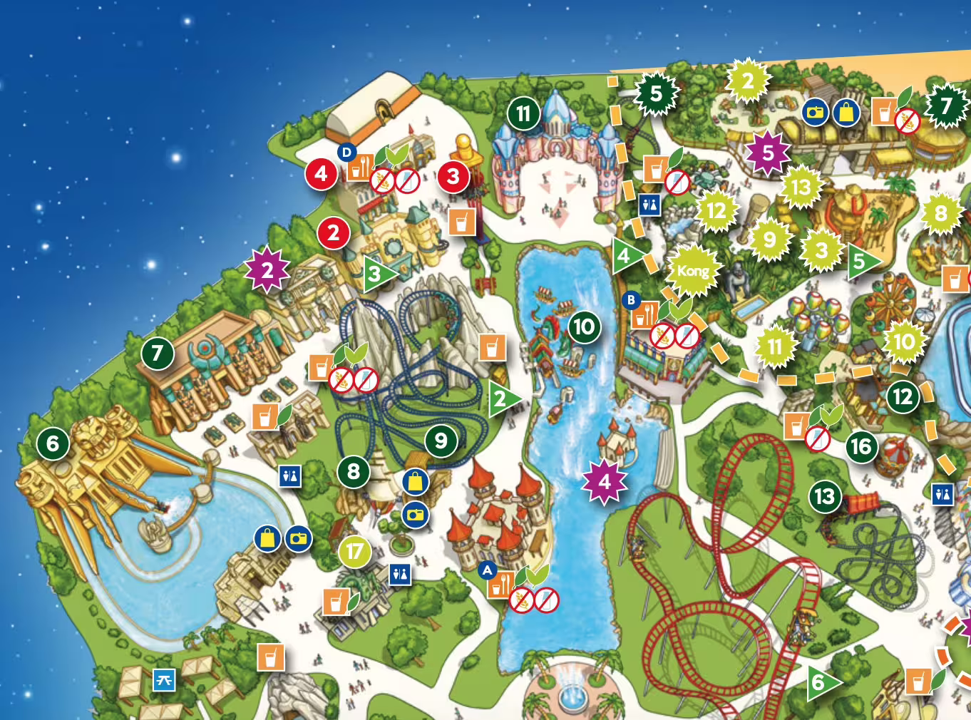 MagicLand amusement park map showing rides, roller coasters, themed areas and facilities to plan your visit