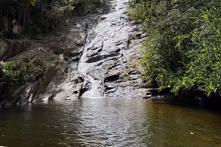 Peaceful Mahe Island waterfall cascading into a serene pool, surrounded by lush foliage, perfect for private tours.