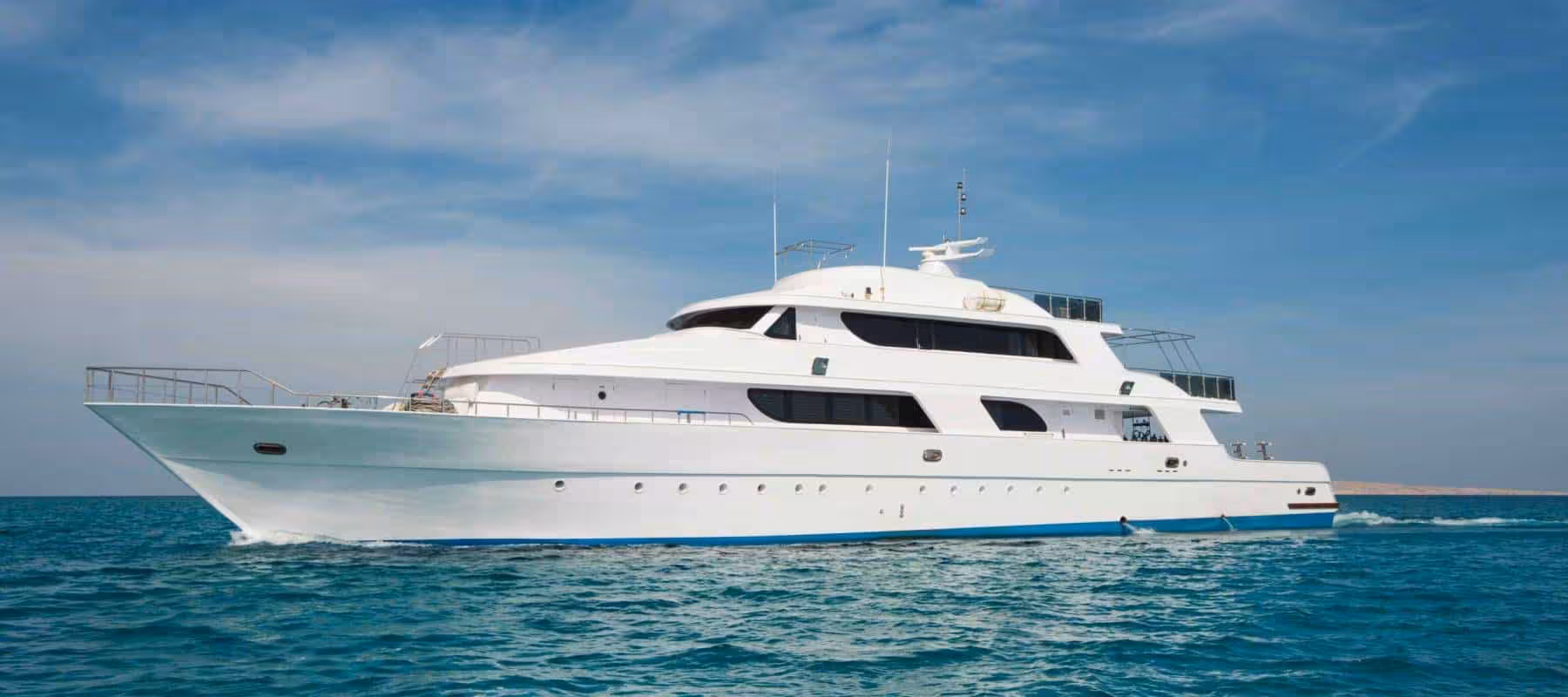 Luxury yacht cruising the Red Sea on a Mahmya Island day trip from Hurghada, Egypt with sea views