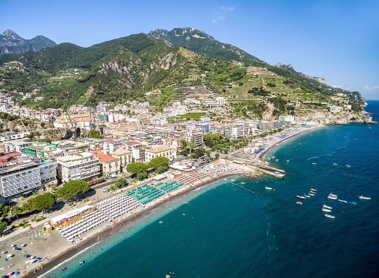 Aerial view of Maiori waterfront and marina, Amalfi Coast private day trip from Naples, Pompeii or Sorrento