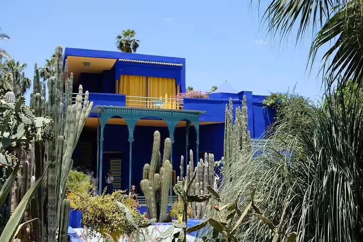 Majorelle Garden cobalt-blue villa and cactus landscape in Marrakech, visited on a half-day sightseeing tour