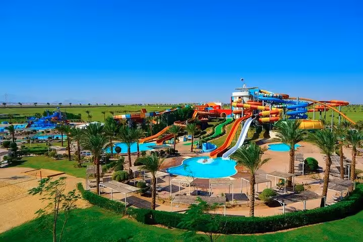 Panoramic view of Makadi Water World aqua park slides and pools, family excursion from Hurghada Makadi Safaga