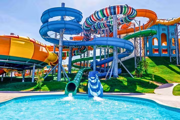Colorful high-speed slides at Makadi Water World aqua park near Hurghada, Makadi Bay, El Gouna day tour
