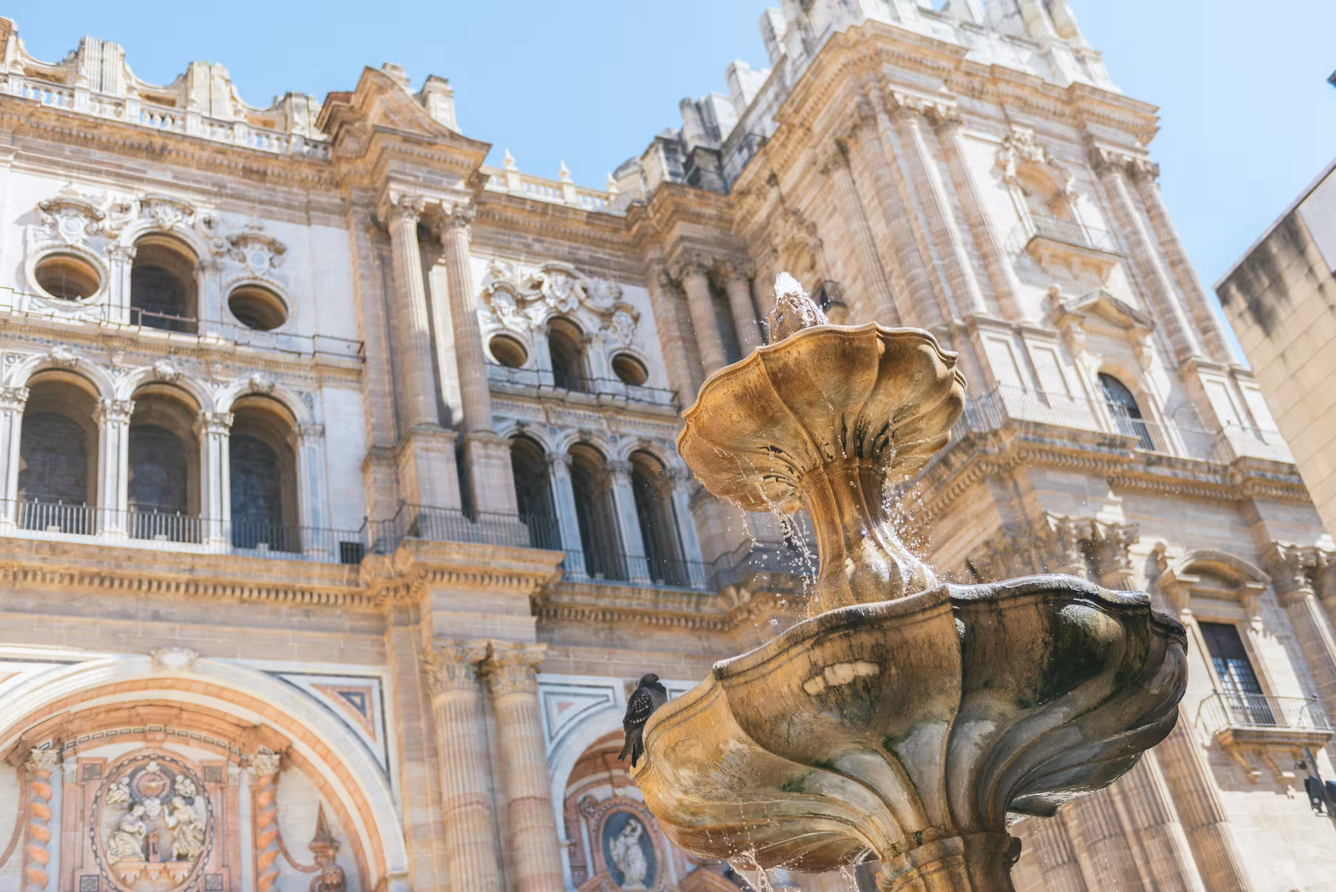Close-up of a historic fountain in front of Malaga Cathedral, showcasing intricate architecture on a sunny day.