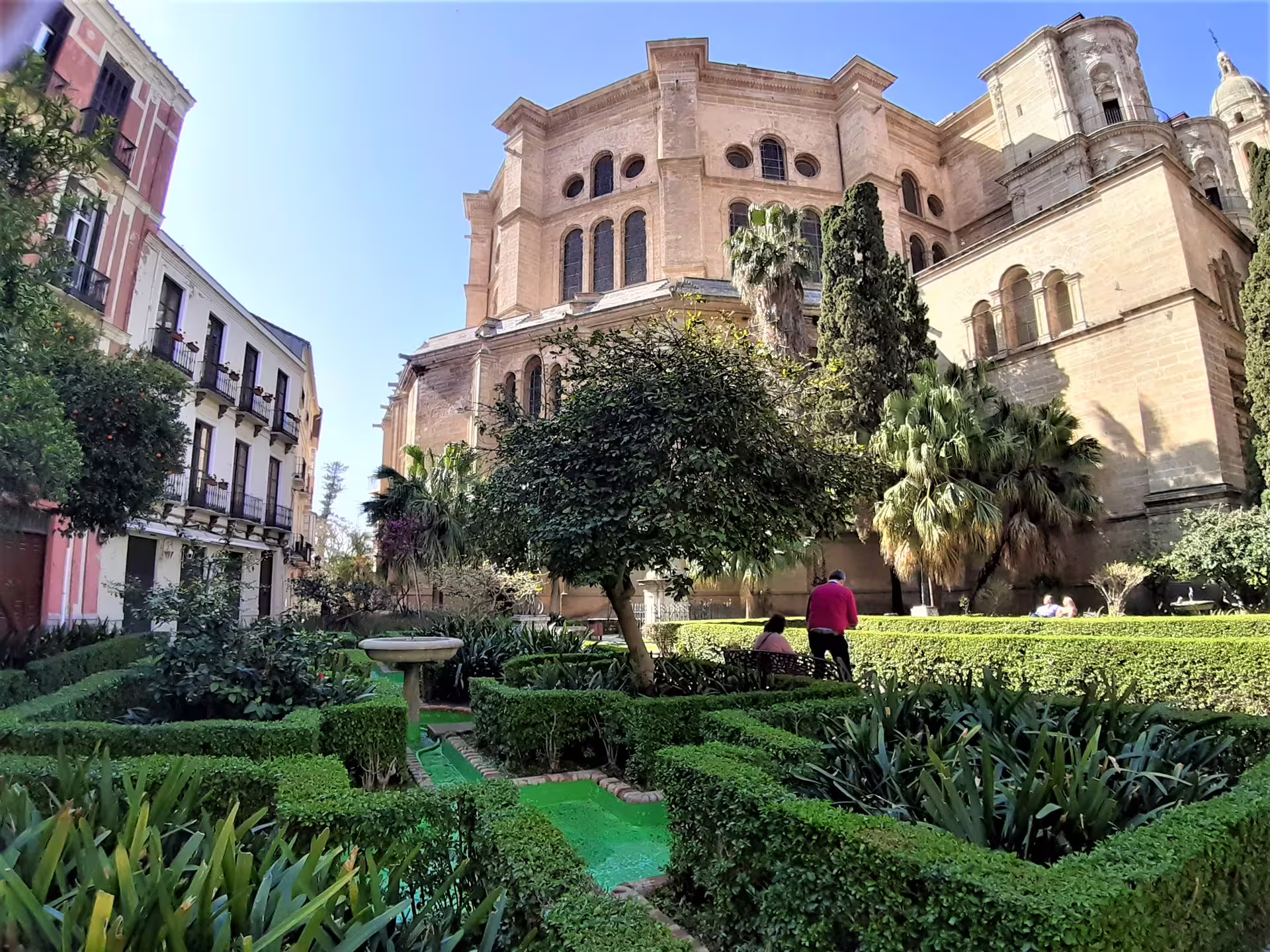 Malaga Cathedral gardens and historic old town views on a private Marbella to Malaga day tour