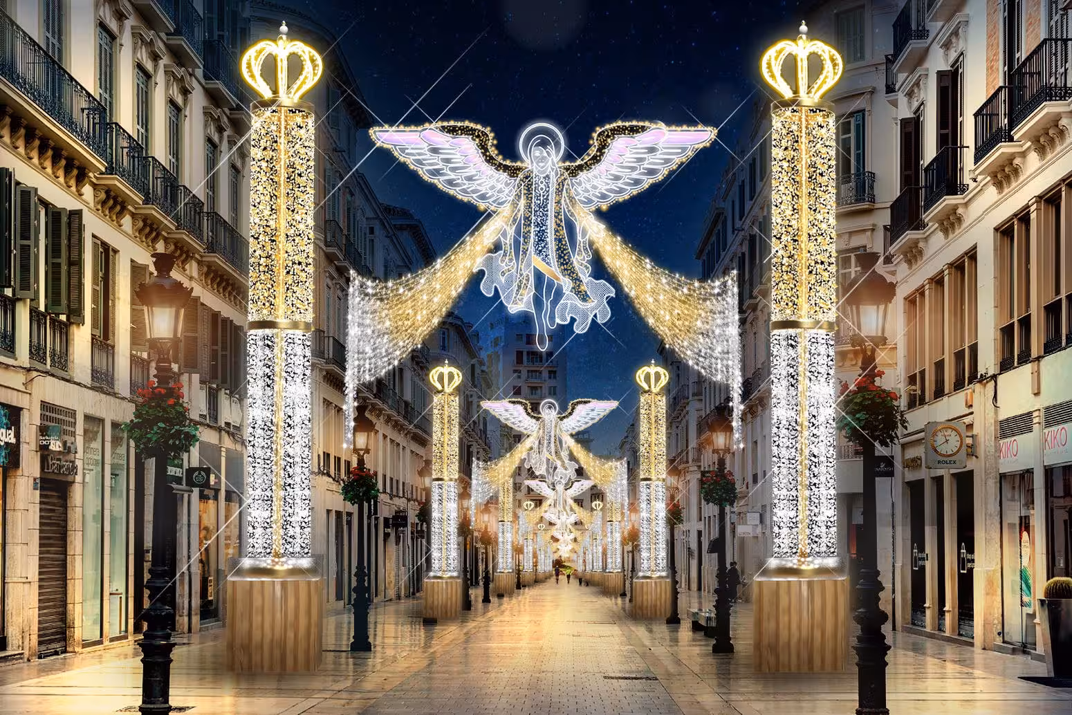 Majestic illuminated angels and golden decorations light up Malaga's street for a magical Christmas ambiance.