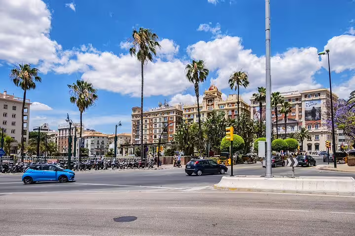 Sunny Málaga city street with palm trees, historic buildings, and cars near Picasso walking tour route