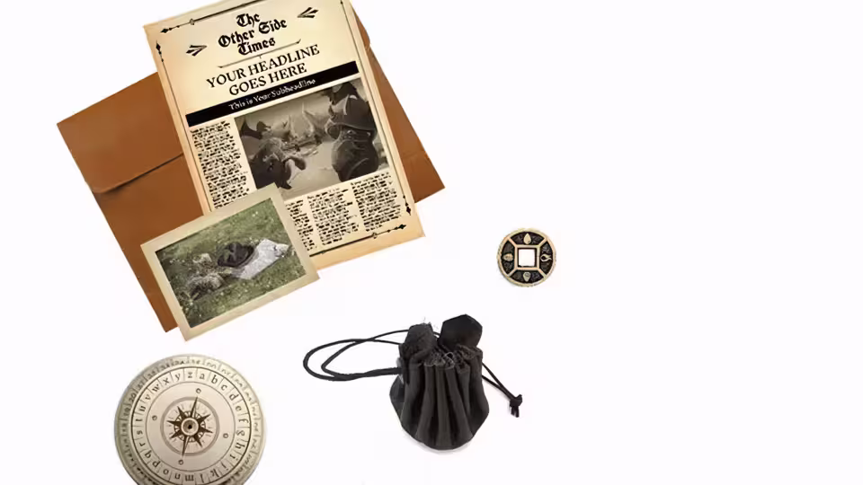 Escape game materials including newspaper, compass, and clues for Malaga Magic Portal adventure for children.