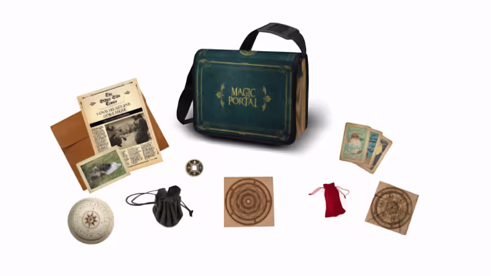Complete Magic Portal kit for Malaga escape game featuring bag, maps, and tools for a thrilling kids' adventure.