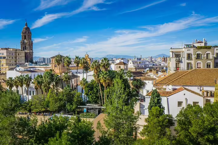 Aerial view of Málaga old town with cathedral tower, white buildings, and palm trees under blue sky