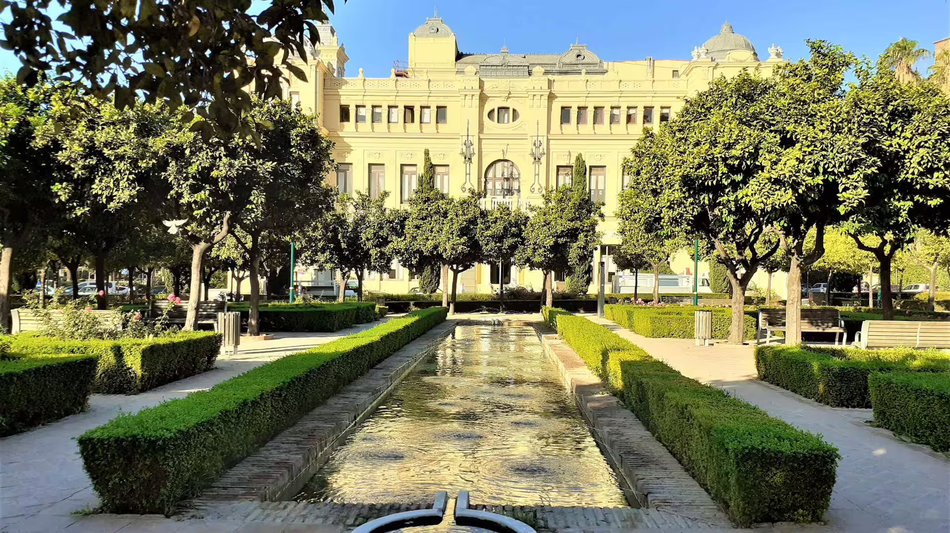 Malaga Park gardens and fountain by City Hall, scenic stop on a private full-day tour with hotel pick-up