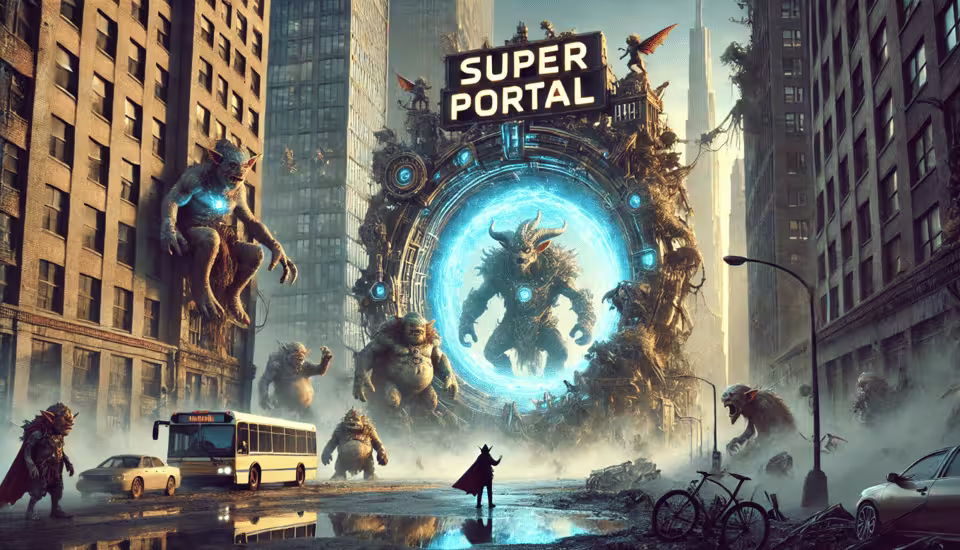 A mystical portal with mythical creatures in a cityscape, part of the Super Portal outdoor escape game in Malaga.