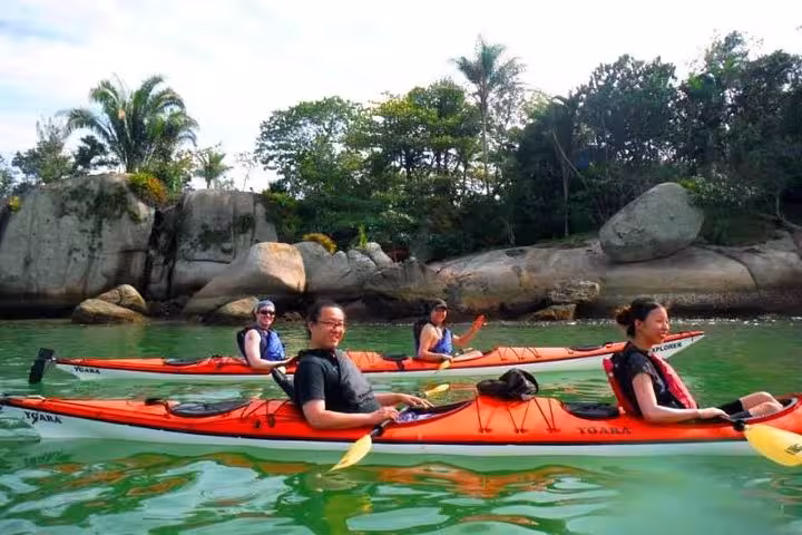 Group of kayakers explore clear waters near rocky shores and lush vegetation on a guided tour.