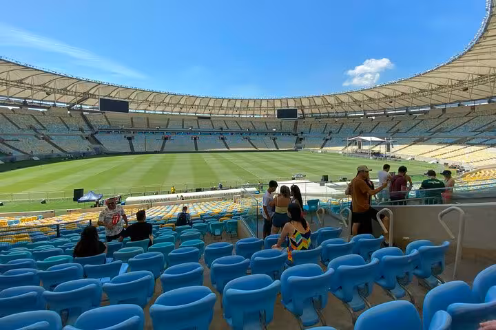 Panoramic view of Maracanã Stadium seating and pitch on a Rio de Janeiro guided tour with local