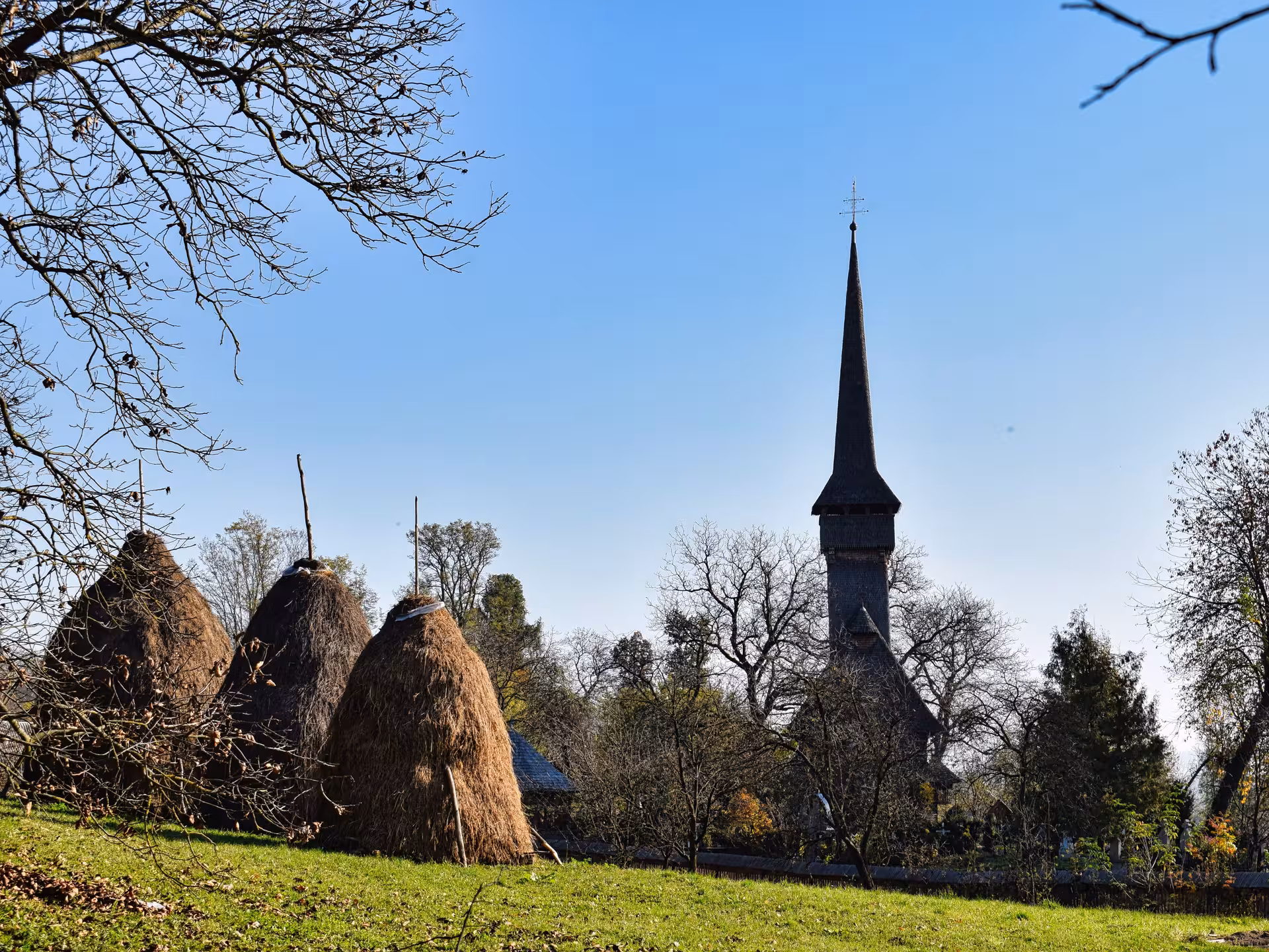 Traditional haystacks with a tall wooden UNESCO church spire rising above bare autumn trees in Maramures, Romania