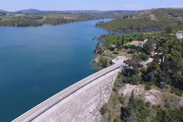 Aerial view of Marathon Lake and dam near Athens, scenic highlight on half-day Marathon ancient path trip