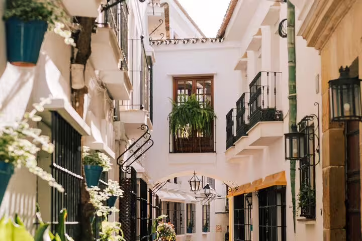 Narrow alley in Marbella Old Town lined with whitewashed buildings and vibrant potted plants.