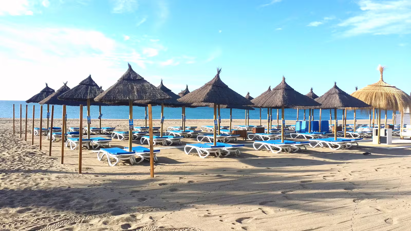 Marbella beach sunbeds and straw parasols by the Mediterranean, ideal stop on Puerto Banus private tour with pickup