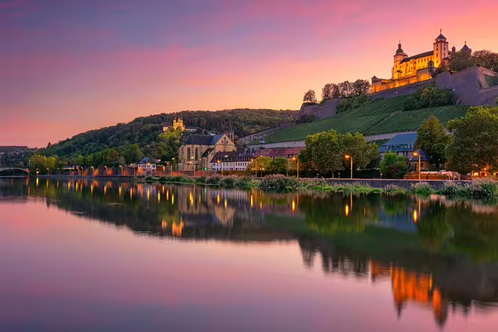 Marienberg Fortress sunset over the Main River in Würzburg, scenic highlight on a self-guided tour