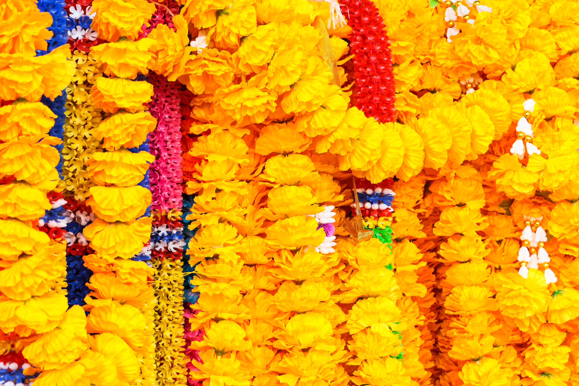 Vibrant marigold garlands in Rishikesh, symbolizing cultural richness and festive spirit of the Golden Triangle tour.