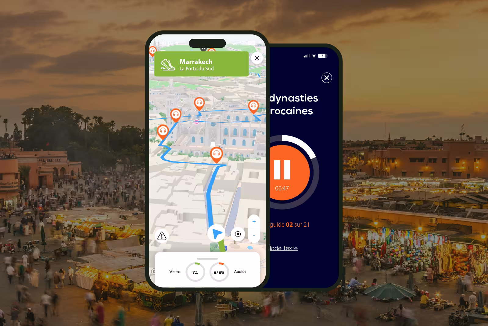 Marrakech audioguide mobile application interface on smartphone with the atmosphere of the square at sunset in the background.