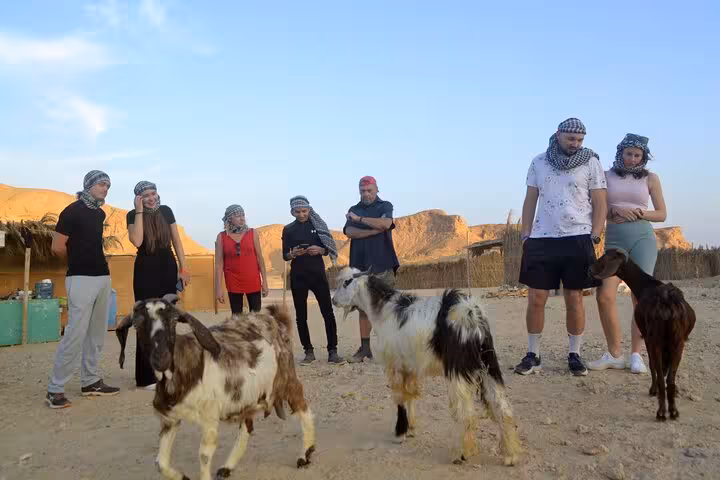 Convoy of 4x4 jeeps in Marsa Alam desert safari, heading to camel riding and Bedouin dinner camp