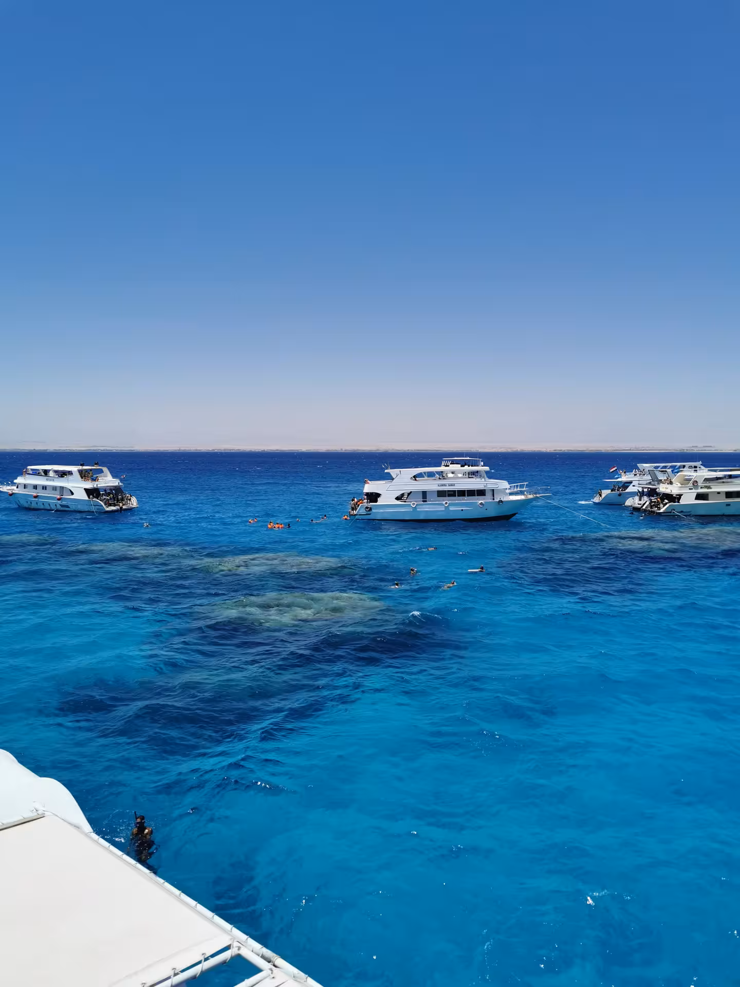 White snorkeling boats anchored over coral reef in turquoise Red Sea waters at Marsa Alam with swimmers