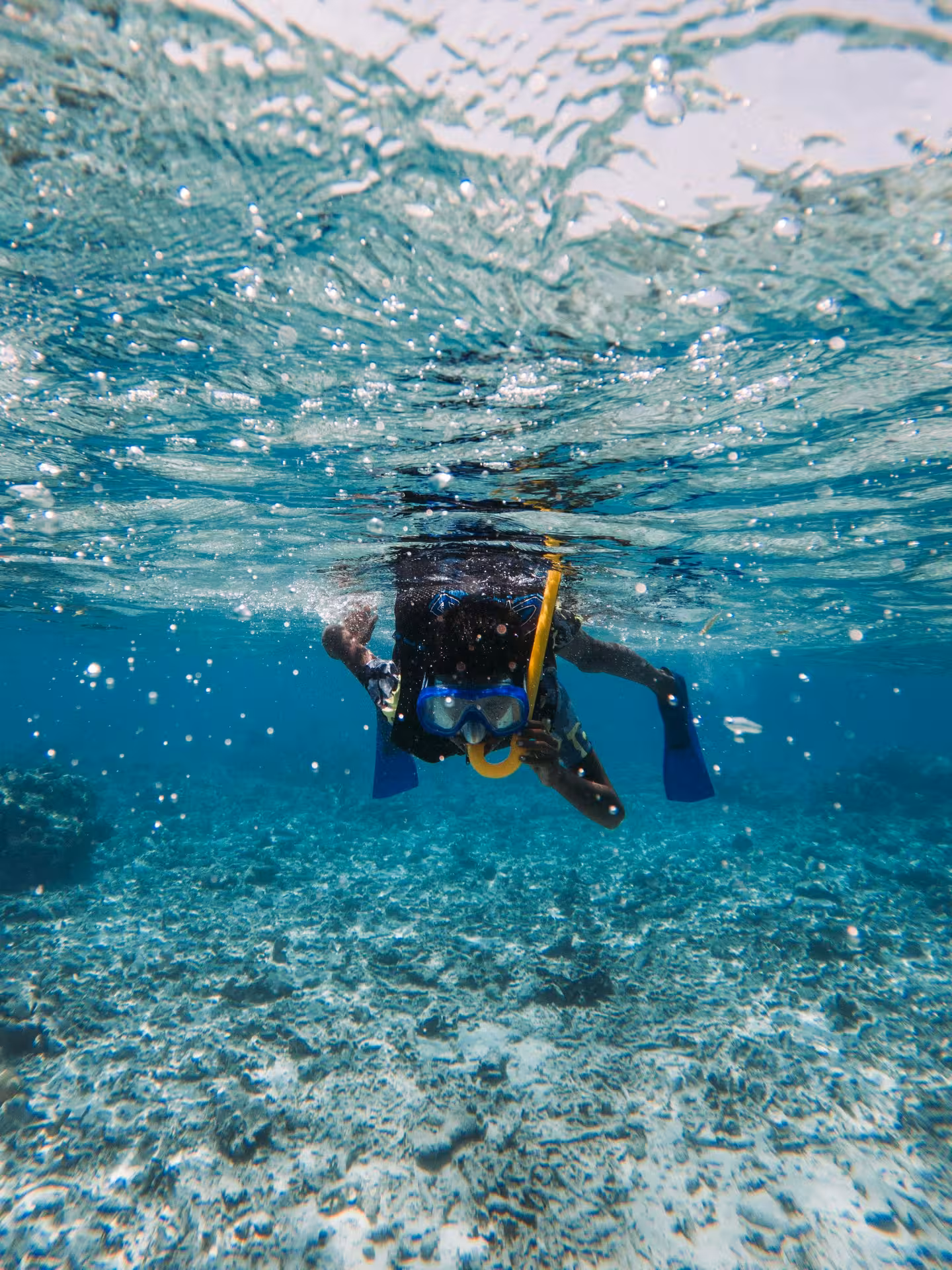 Snorkeler diving underwater in clear turquoise sea with blue mask, yellow snorkel, and blue fins