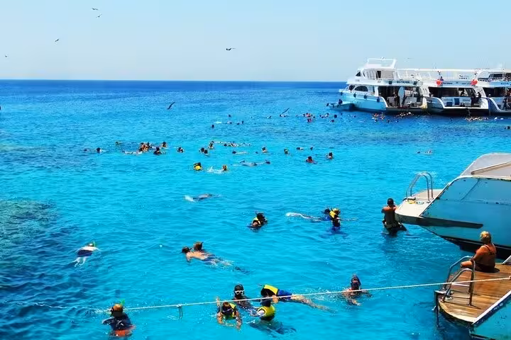 Group snorkeling in Marsa Mubarak, Marsa Alam with boats nearby, full-day Red Sea tour including lunch