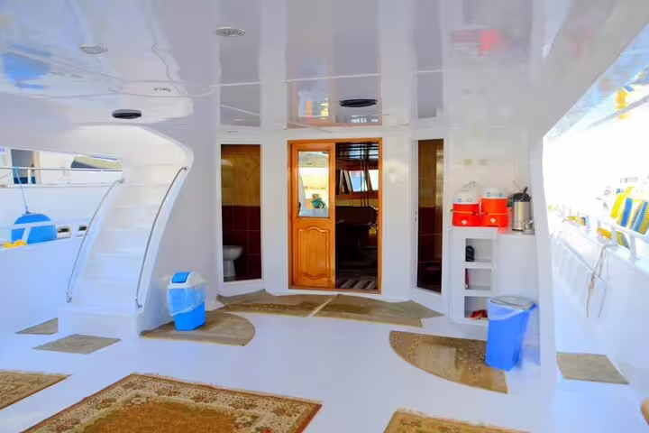 Spacious boat deck interior for Marsa Mubarak snorkeling day trip from Marsa Alam to see dugongs and turtles