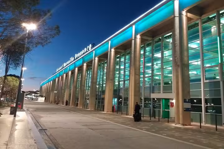Marseille Provence Airport terminal at night for private transfer to La Grande Motte, Grau du Roi or Aigues-Mortes
