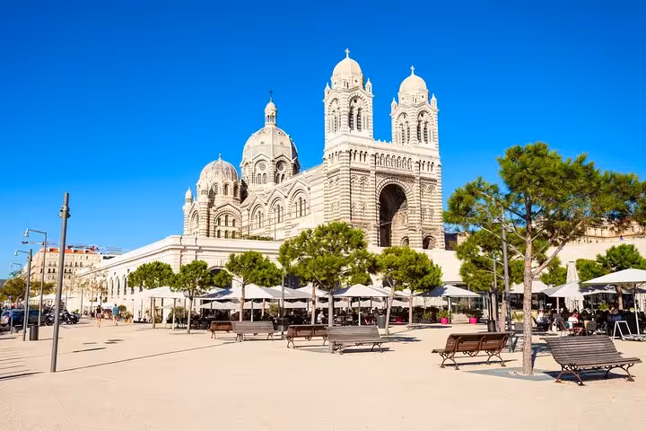 Stunning view of Marseille Cathedral with clear blue skies, a highlight on a private 2-hour intro city walk.