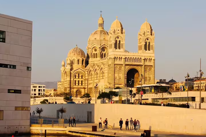 Marseille Cathedral de la Major with ornate Byzantine facade near the Old Port waterfront