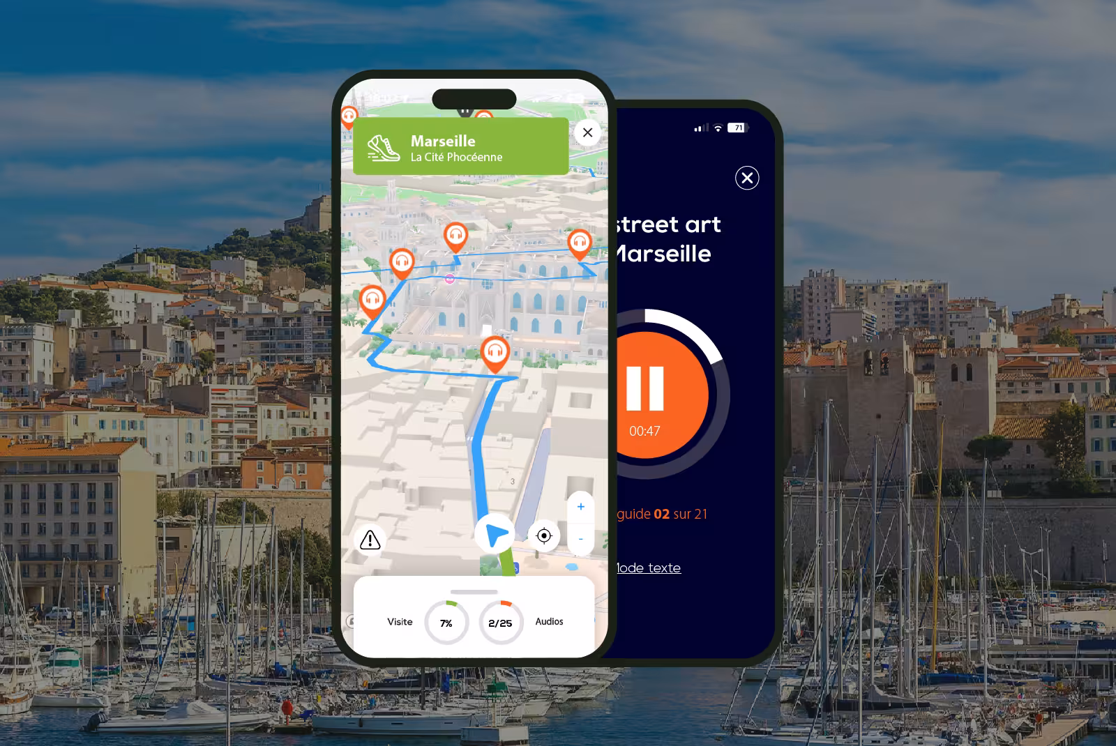 Marseille audioguide mobile application interface on smartphone with the port and Notre-Dame de la Garde in the background.