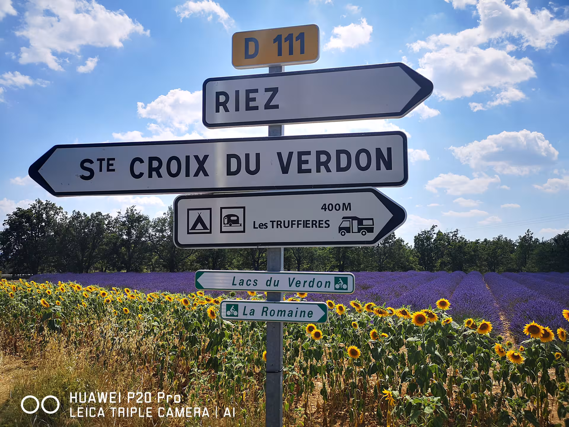 Road sign to Sainte-Croix du Verdon by Valensole lavender fields, Marseille shore excursion day trip route