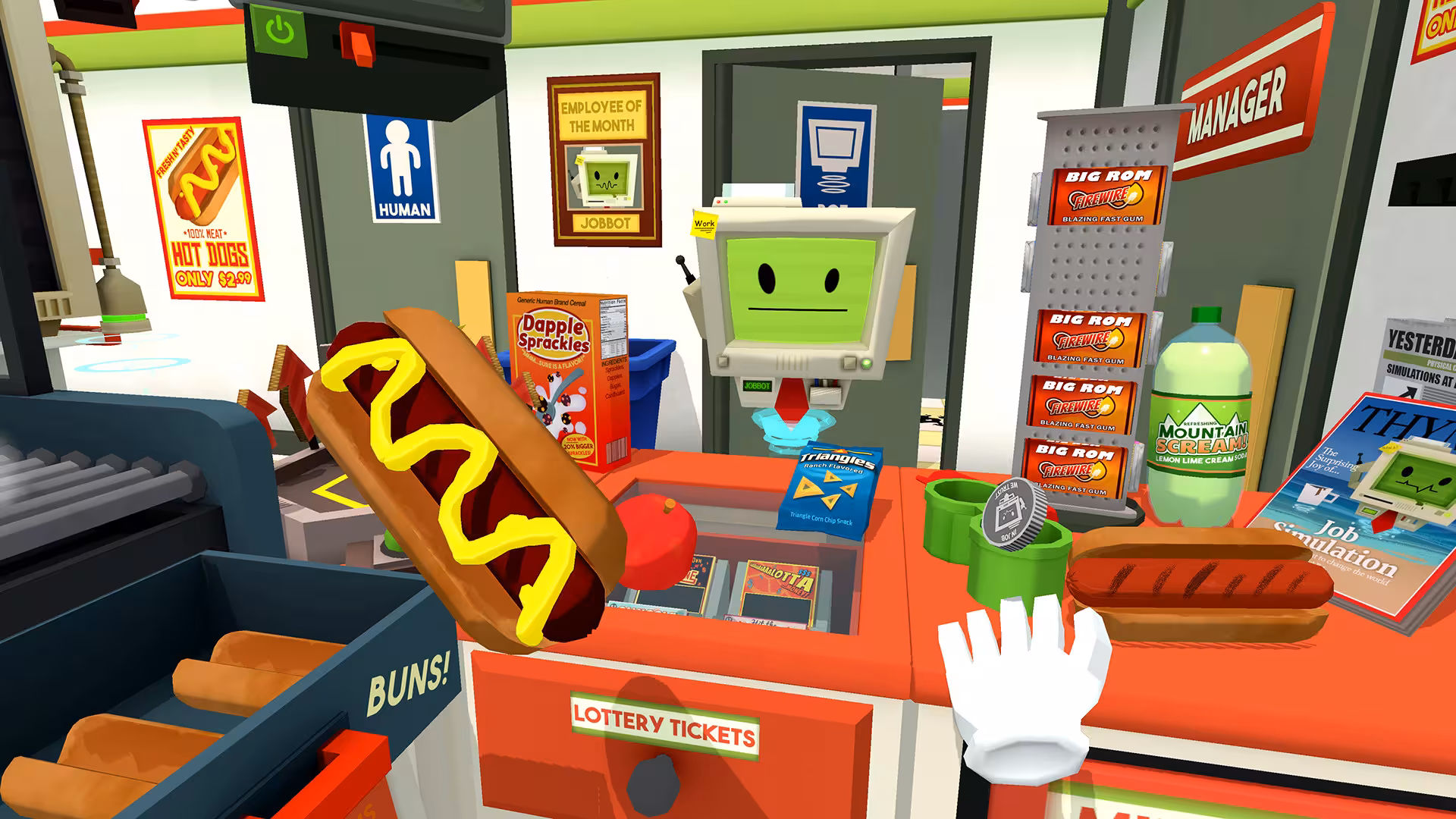 Matrix Fast VR convenience store cashier scene with hot dog, snacks and robot clerk in immersive virtual reality