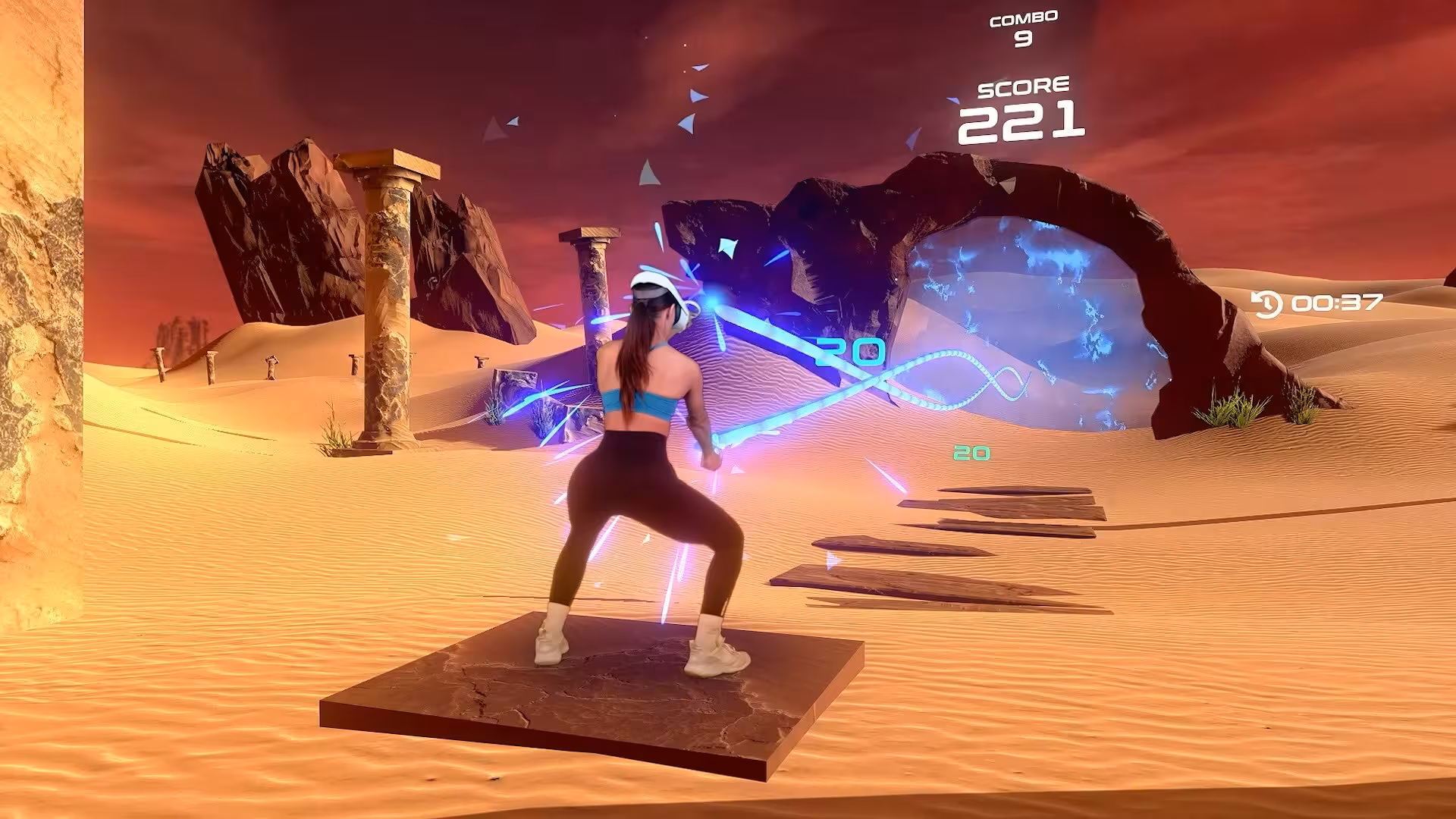 Matrix Fast VR action game in desert ruins as player swings energy blades toward glowing portal with live score