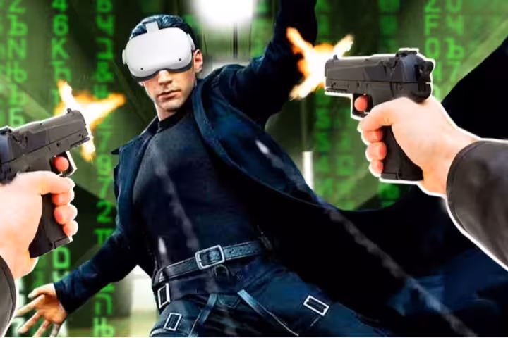 Matrix Fast VR action scene with a headset-wearing hero dodging gunfire in a green Matrix code backdrop