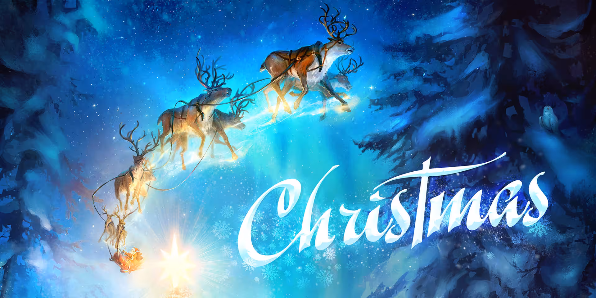 Matrix Ludicrous Christmas escape room artwork with Santa’s sleigh and reindeer flying through a starry sky