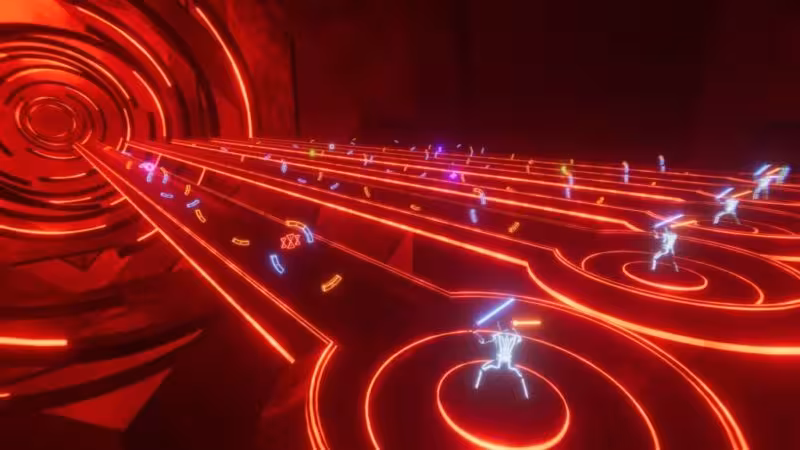 Matrix Ludicrous VR tour scene with neon red sci-fi tunnel and glowing avatars racing along digital tracks