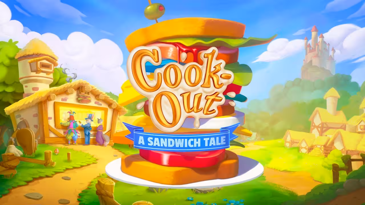 Matrix Ludicrous VR tour promo image with Cook-Out A Sandwich Tale giant sandwich sign in a colorful village
