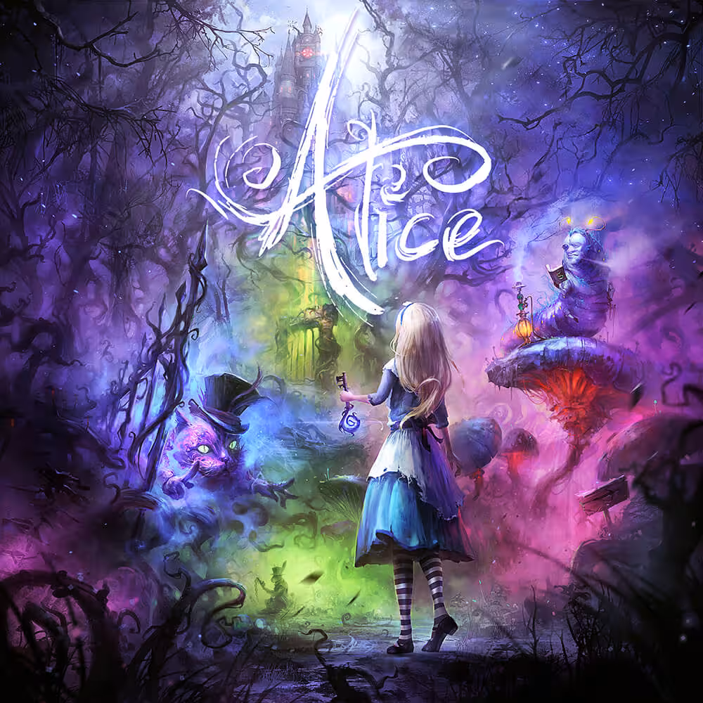 Matrix Power Alice in Wonderland themed escape room artwork with girl, Cheshire cat, and fantasy forest