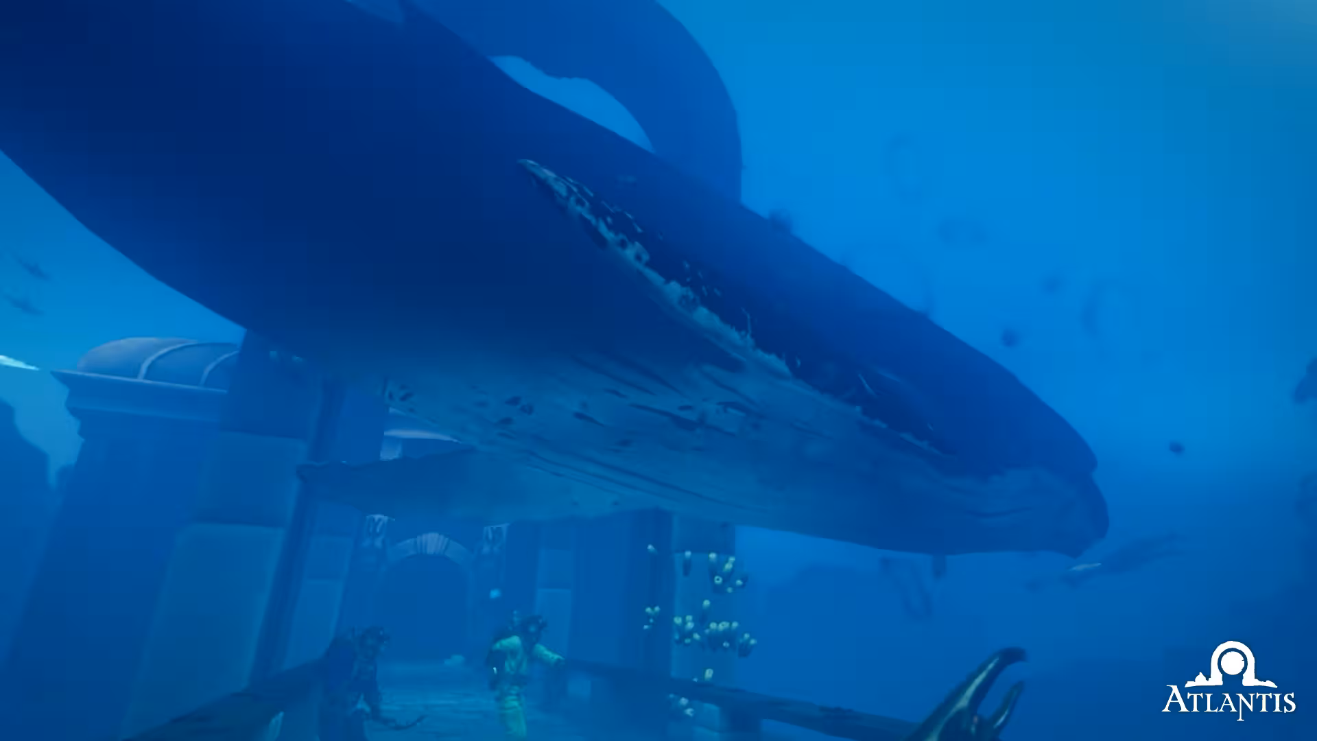 Atlantis Dubai Matrix Power VR underwater adventure with a giant whale swimming above lost city ruins