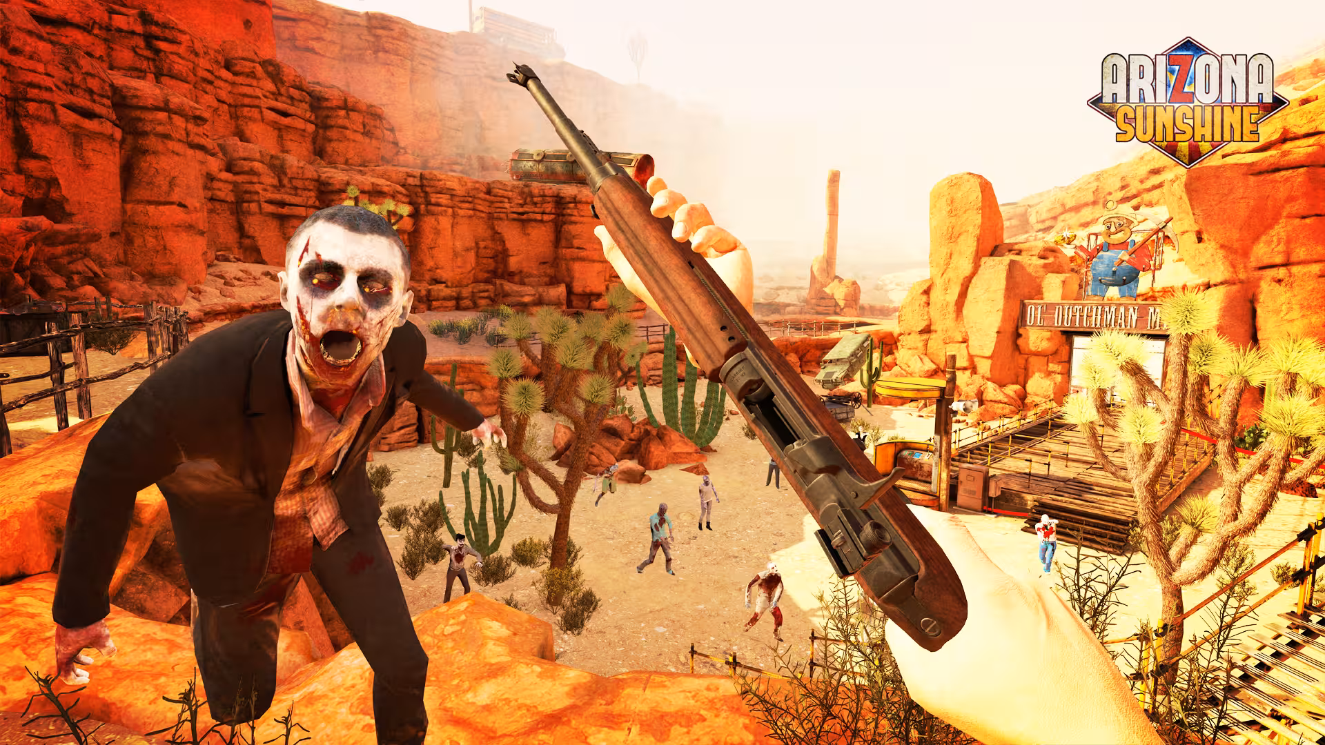 Matrix Power VR action tour in Arizona Sunshine canyon, first-person shotgun aiming at zombie in desert