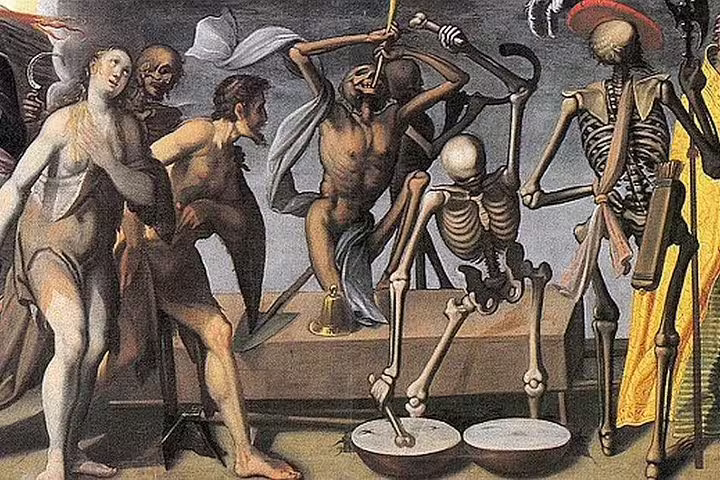 Medieval dance of death scene with skeletons and figures, highlighting historical intrigue for Lucerne's nightwatchman walk.