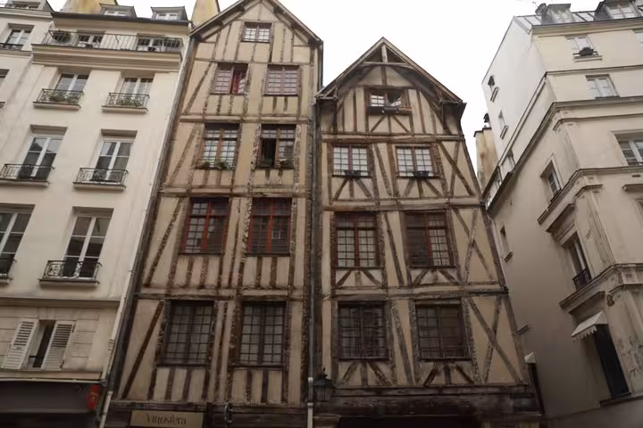 Medieval half-timbered houses in Paris, explored on a Jewish history private tour through the old quarter