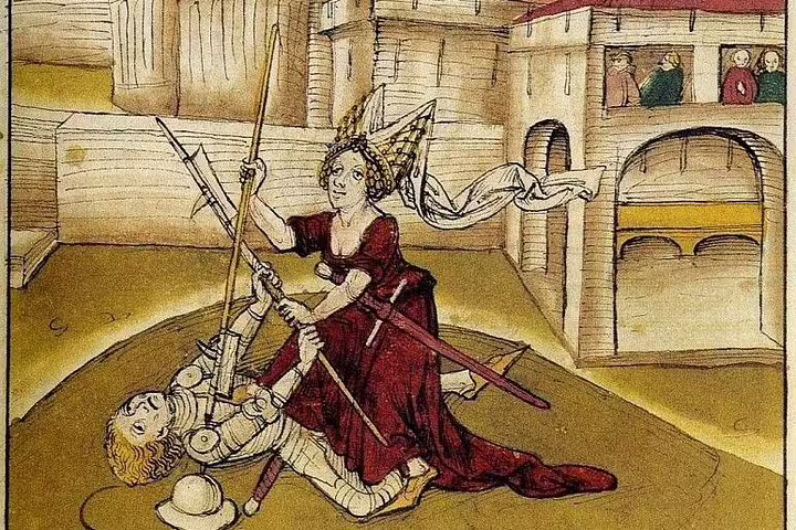 Medieval illustration depicting a dramatic knight and lady scene, reflecting Lucerne's rich historical tapestry.