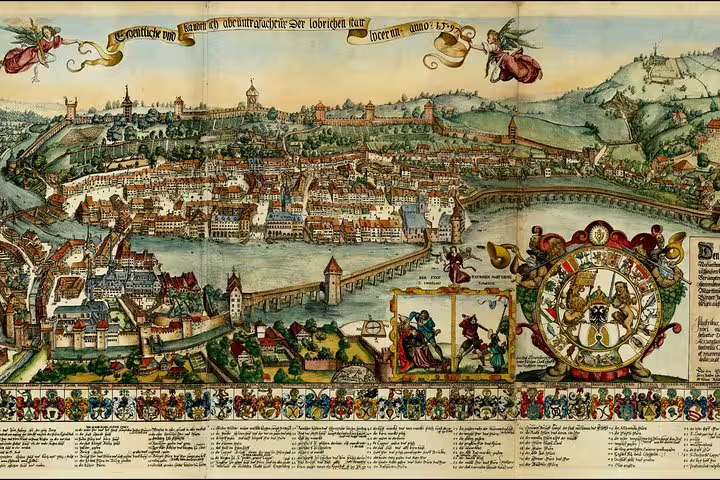 Historical map of medieval Lucerne showcasing detailed city layout, perfect for small-group nightwatchman tours.