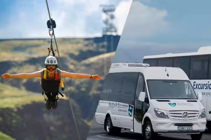 Adventurous zipline ride in Iceland with arms outstretched, alongside a comfortable transfer van departing from Reykjavik.
